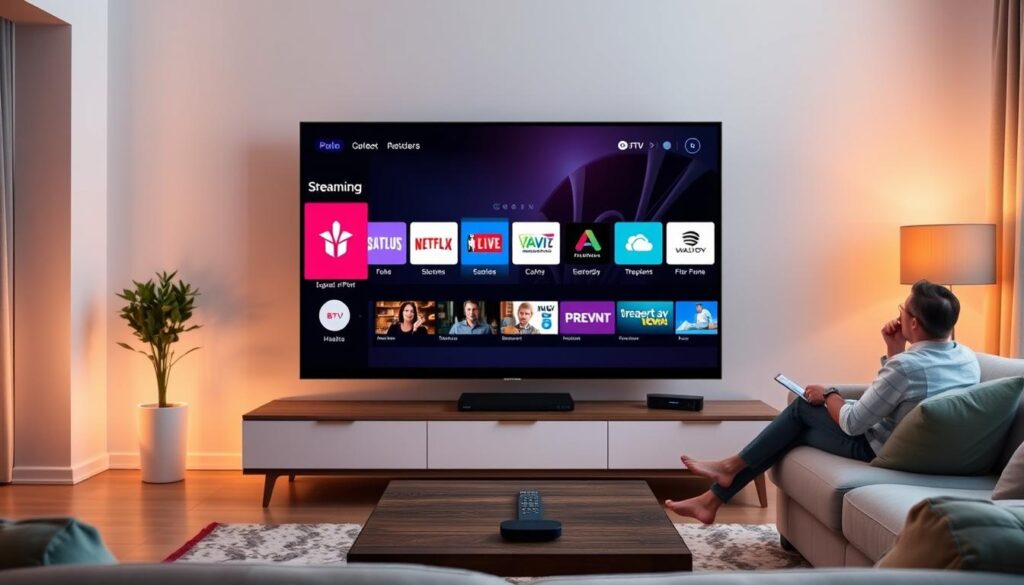 A sleek living room with a modern television displaying various streaming icons, a remote control on a coffee table, soft ambient lighting, and people relaxing on a couch, representing the concept of IPTV in a cozy home setting.