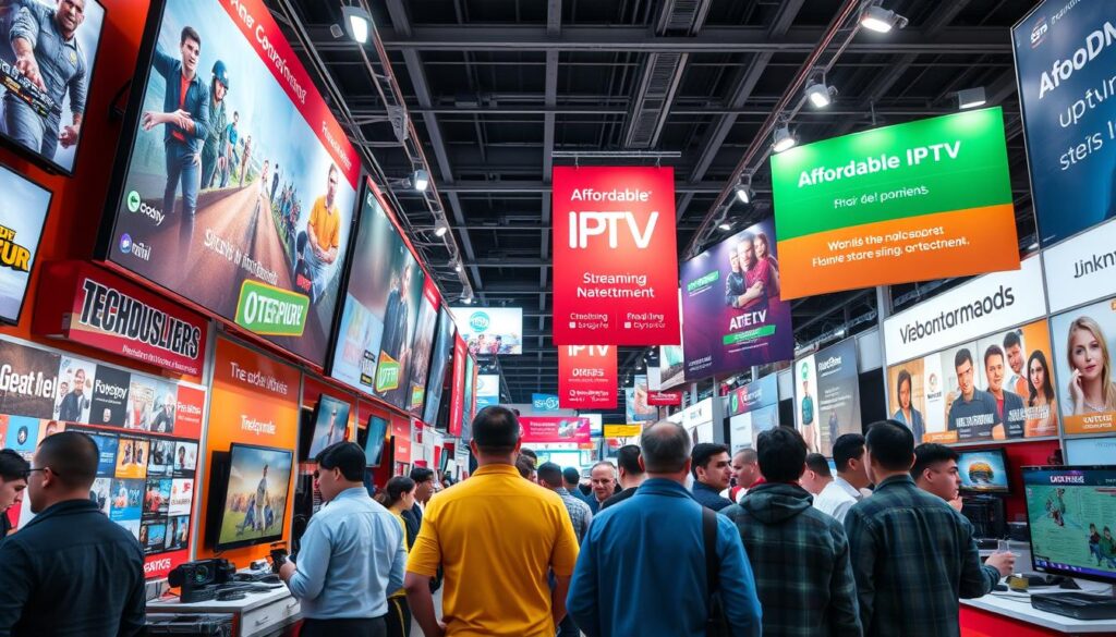 A vibrant marketplace setting featuring various display screens showcasing diverse entertainment options, colorful banners promoting affordable IPTV services, individuals engaged in enthusiastic discussions while browsing, a warm and inviting atmosphere filled with tech gadgets and streaming devices, bright lighting highlighting the excitement of streaming entertainment.