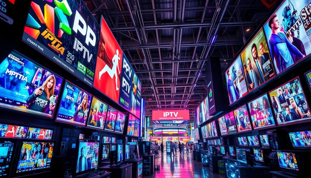 A vibrant digital marketplace showcasing various IPTV options, with colorful displays of screens streaming different genres like movies, sports, and documentaries. The scene is bustling with energy, featuring abstract representations of streaming icons and devices, illuminated by a high-tech aesthetic, surrounded by a futuristic ambiance filled with glowing elements symbolizing entertainment and flexibility.